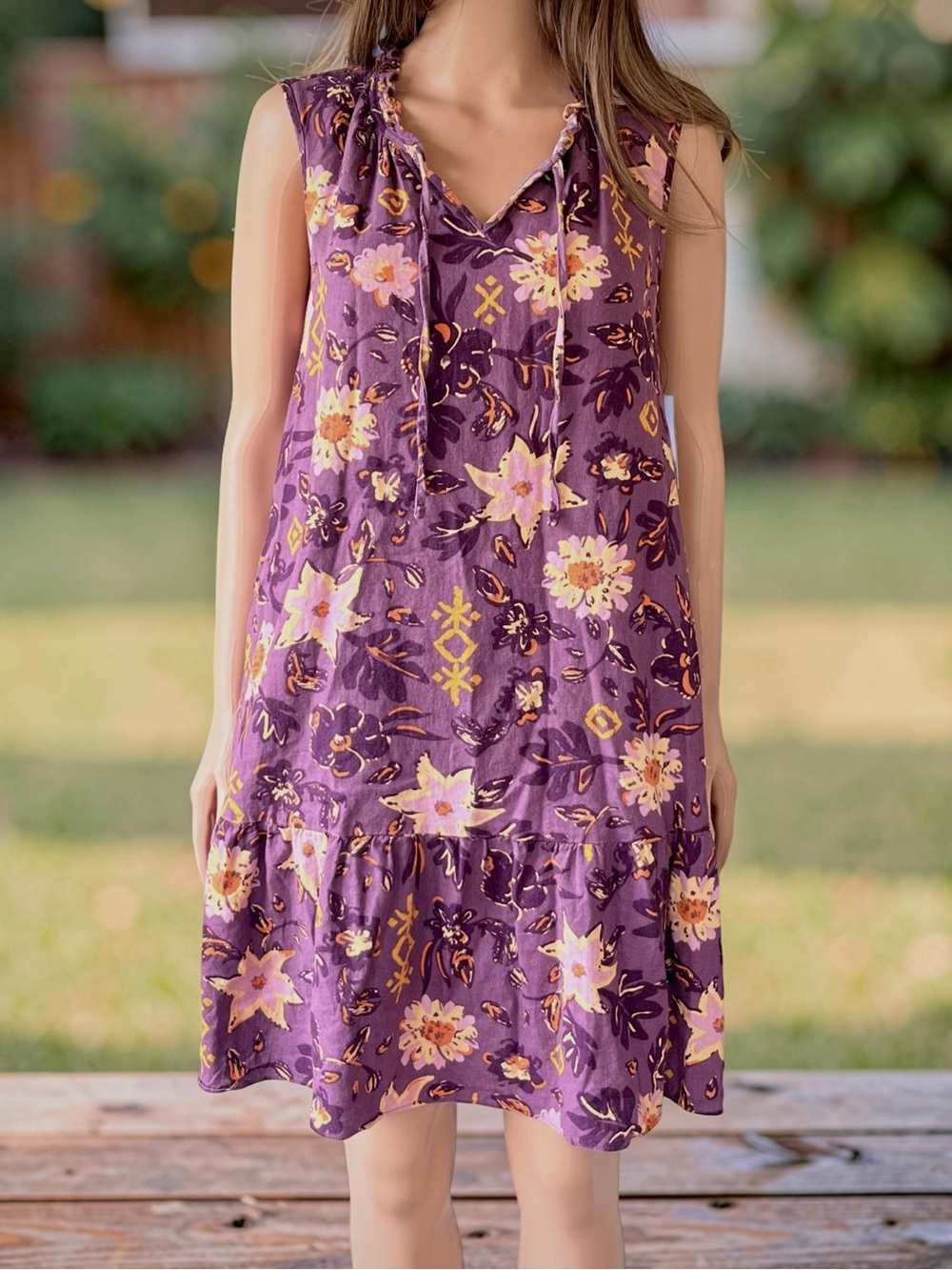 Sonoma M Purple Floral Linen Blend Dress Sleeveless Boho Ruffle Hem NWT